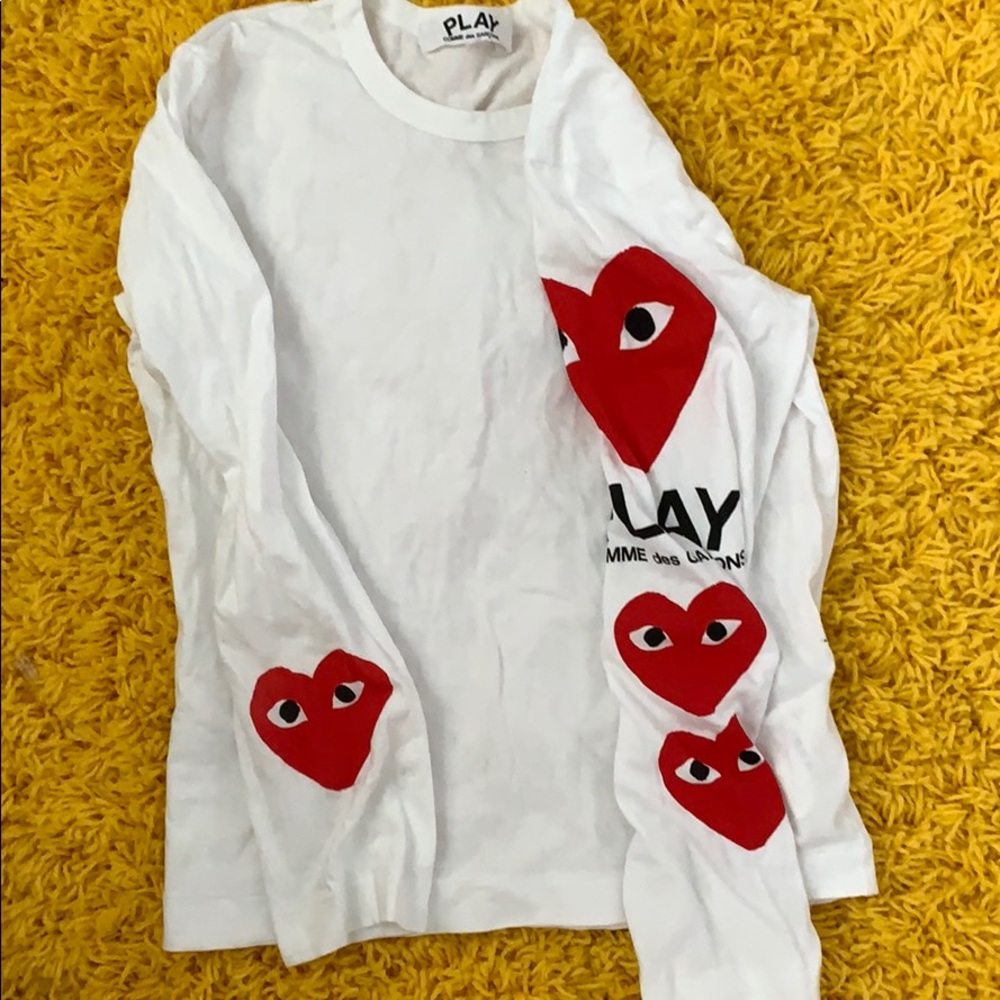 Comme des Garçons PLAY White Long Sleeve Tee with Red Heart Logos